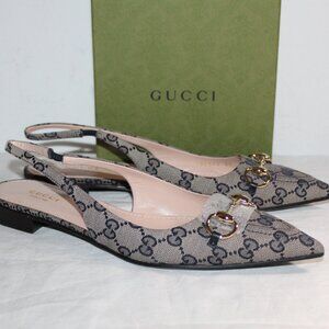 Gucci Beige Brown GG Canvas Slingback Flats with Gold Horsebit